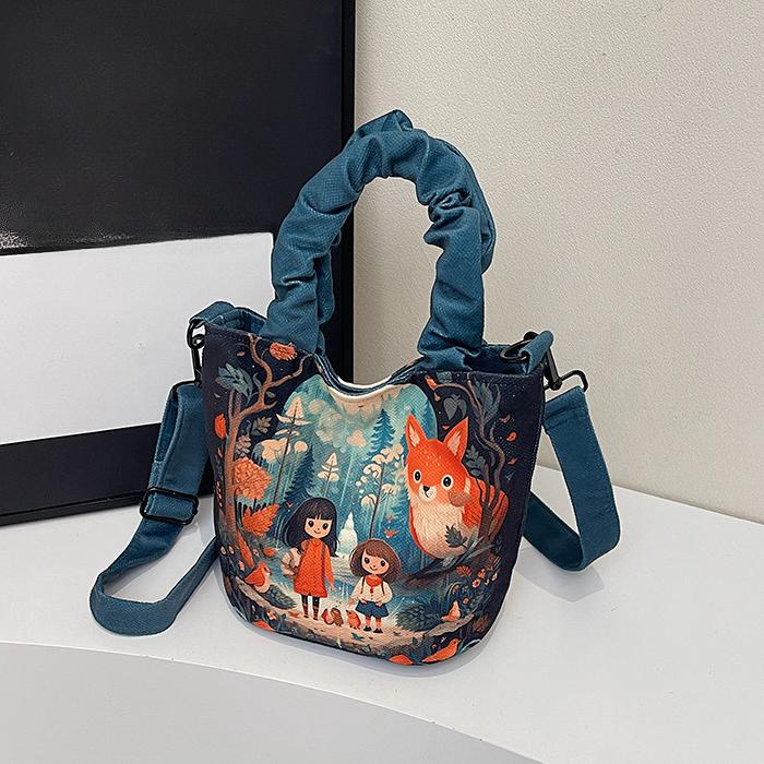 Plátěná taška s potiskem, dámská taška, nová trendy stylová taška přes rameno, taška přes rameno s kreslenou ilustrací, kbelík