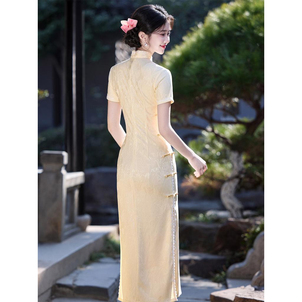 Yellow jacquard cheongsam women's new Chinese style improved young summer slim engagement temperament dress 1011 new