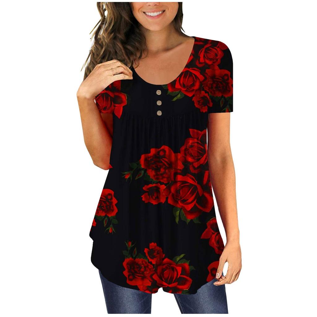 Women's Short Sleeve Tunic Loose Tops Casual Plus Size Tops Pleated Tunic Button T-Shirts