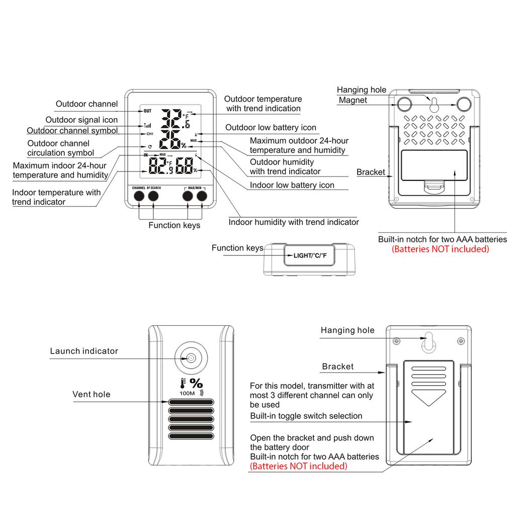Digital Indoor Outdoor Thermohygrometer with Remote Sensor 328ft 100m Backlight Thermometer