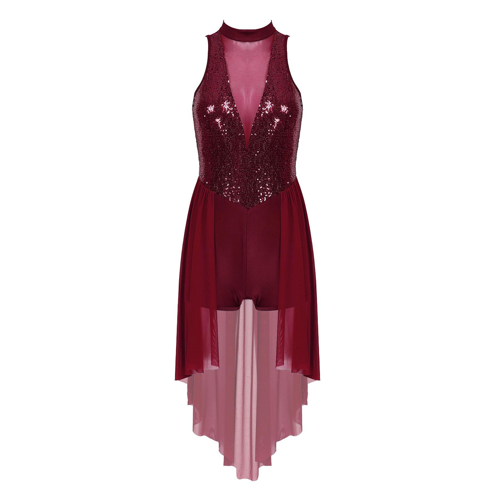 

Жіночий ліричний танцювальний костюм блискучий блискітками макет шиї без рукавів сітка спідниця купальник сценічний одяг XXL бордовий