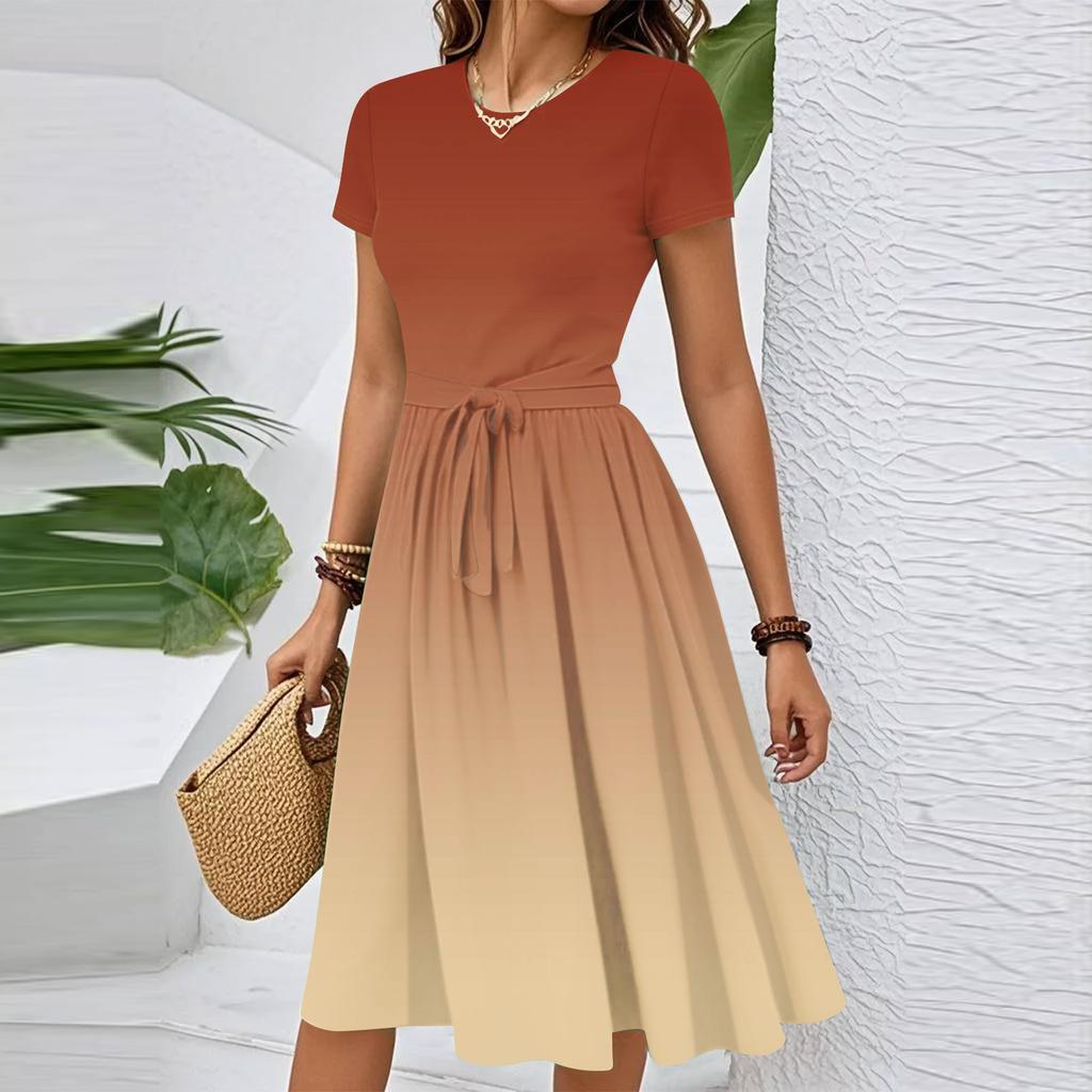 Damen Casual Mode Gürtel Kleid mit floralem Druck, kurzen Ärmeln und Rundhalsausschnitt
