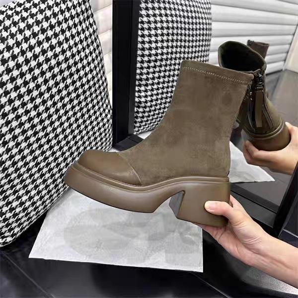 

короткие ботинки на толстой подошве и толстом каблуке женские новые осенне-зимние тонкие ботинки европейская станция британский стиль эластичные ботинки увеличивающие рост ботинки Мартин 39 коричневый