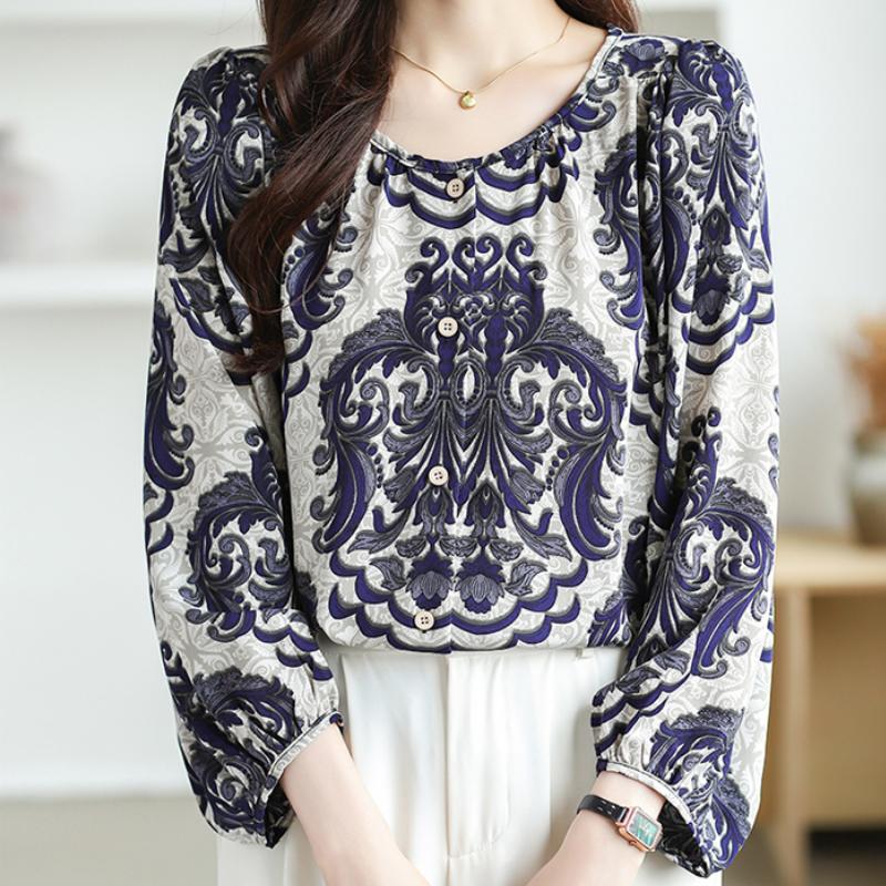 

Винтажная принтованная свободная повседневная рубашка с длинным рукавом, женская мода, новый круглый вырез, элегантные женские блузки, топы, простые облегающие рубашки, женская одежда 26332 XL синий