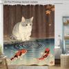 Vintage Cat Shower Curtain 180X180Cm – With Koi Fish In Abstract Water Design, Unique Bathroom Decor, 12 Hooks