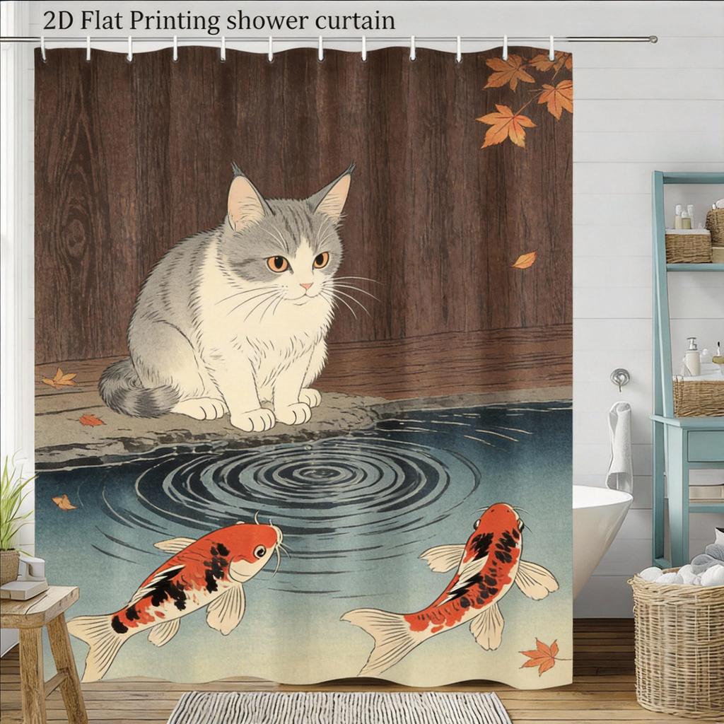 Vintage Cat Shower Curtain 180X180Cm – With Koi Fish In Abstract Water Design, Unique Bathroom Decor, 12 Hooks
