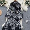 Chic Vintage Sexy Buttonn Ruched  Print Slim Elegant Fairy Summer  Korean Fashion Boho Sundress Women Clothing Long Dress