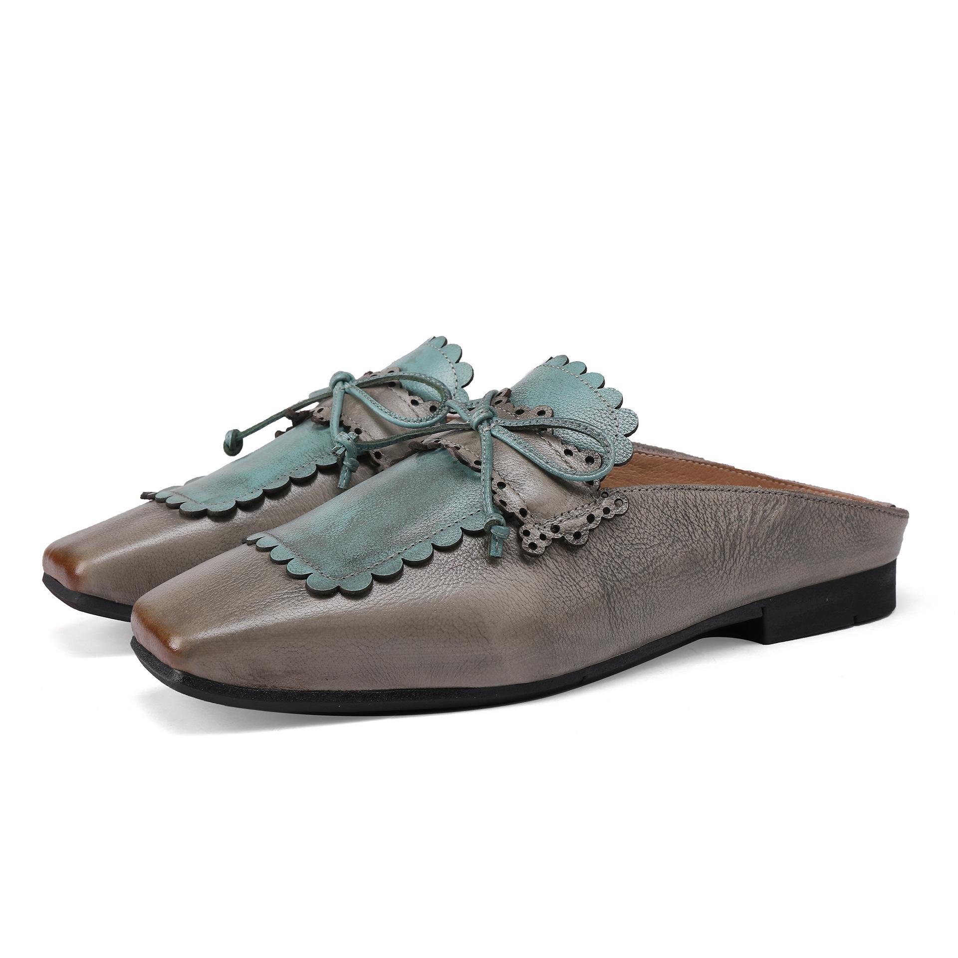 

Johnature Retro Genuine Leather Square Toe Soft Soled Comfortable Lazy Outdoor Slippers 35 серый
