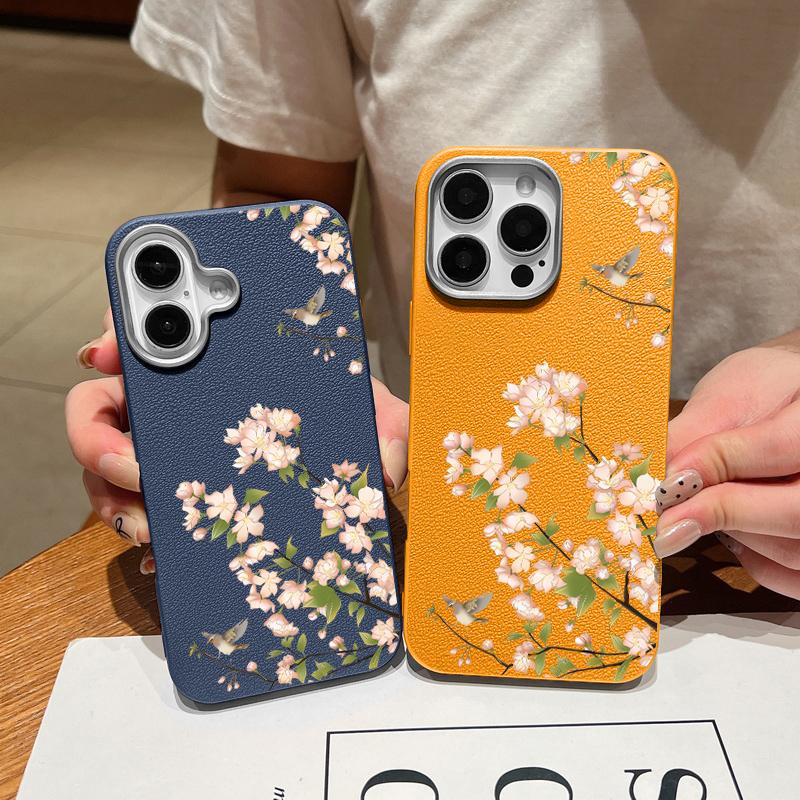 Cherry Blossom Pattern Leather Texture Slim Case for iPhone 16 Pro Max 15 Pro 14 Plus 13 12 11 Tpu Soft Shockproof Matte Solid Color Phone Cover