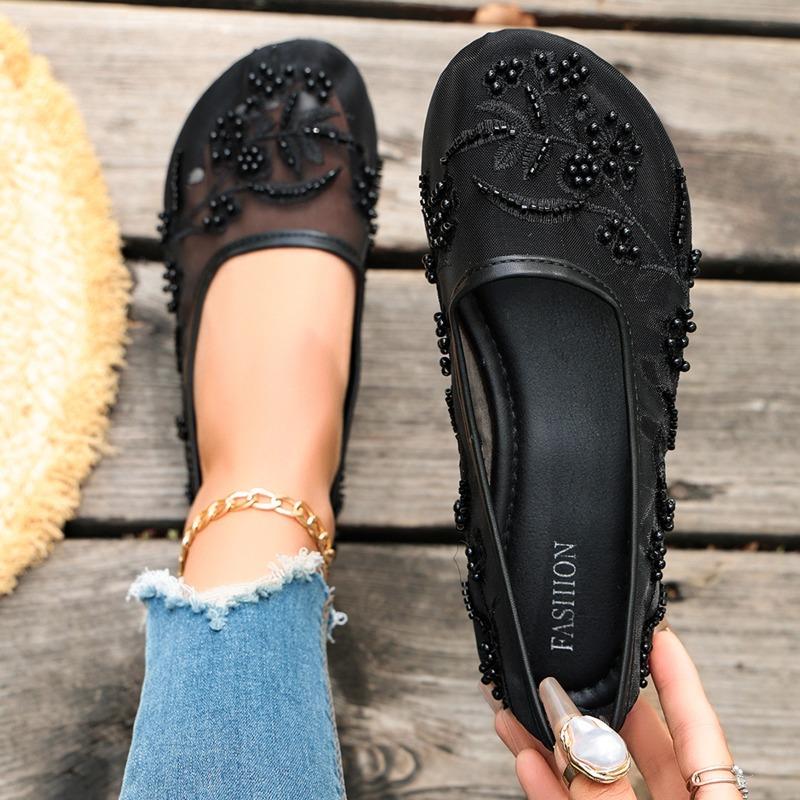 Women's Breathable Embroidered Mesh Flat Slip-On Shoes With Pearl Detail, Soft-Soled Casual Comfort Footwear.