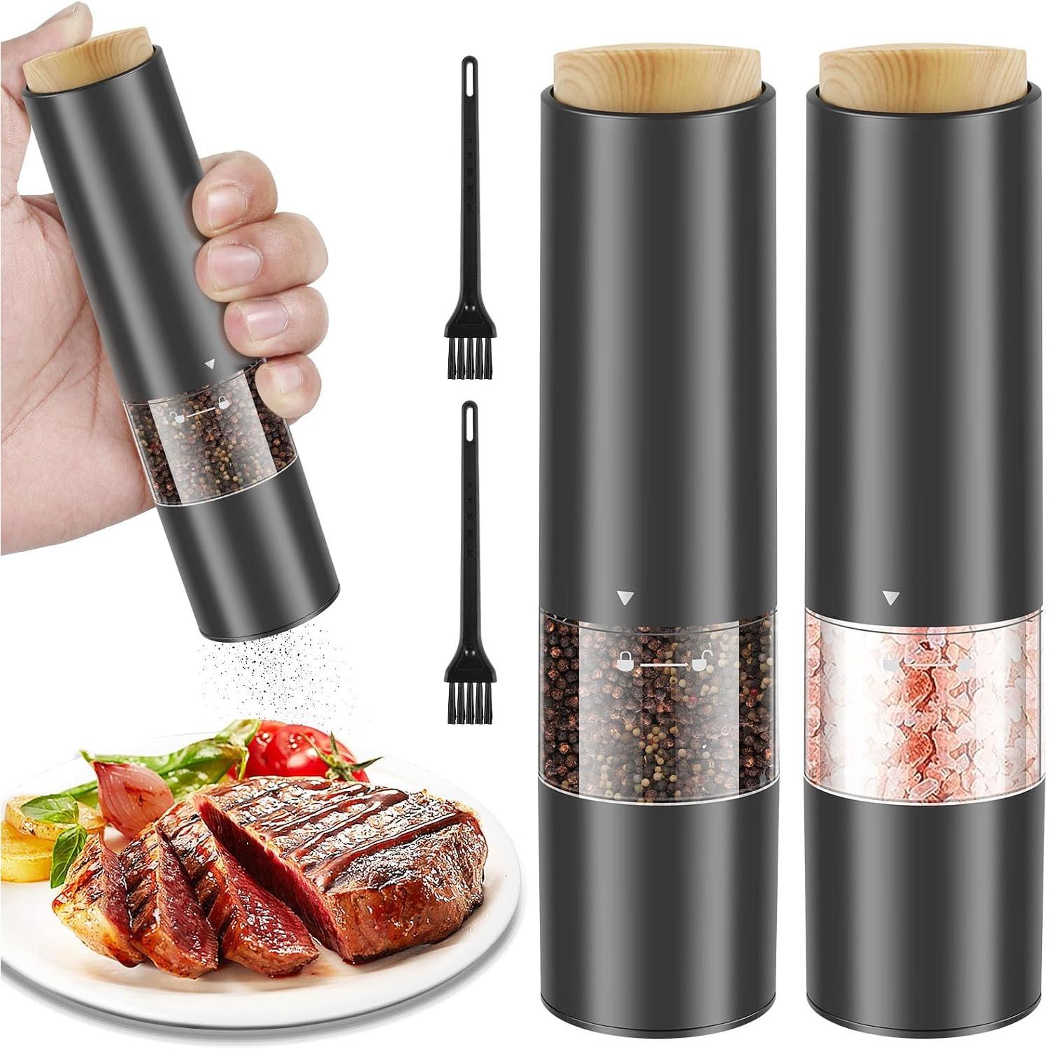 2Pcs Electric Salt and Pepper Grinders Portable Automatic Pepper Mill Adjustable Coarseness Pepper Grinder with LED Light Battery Operated Pepper 2PCS