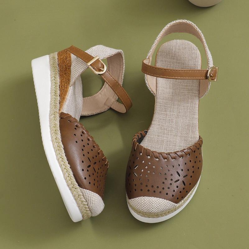 Large size wedge heel women's sandals summer new flat bottom bag head casual hollow buckle middle heel women's sandals