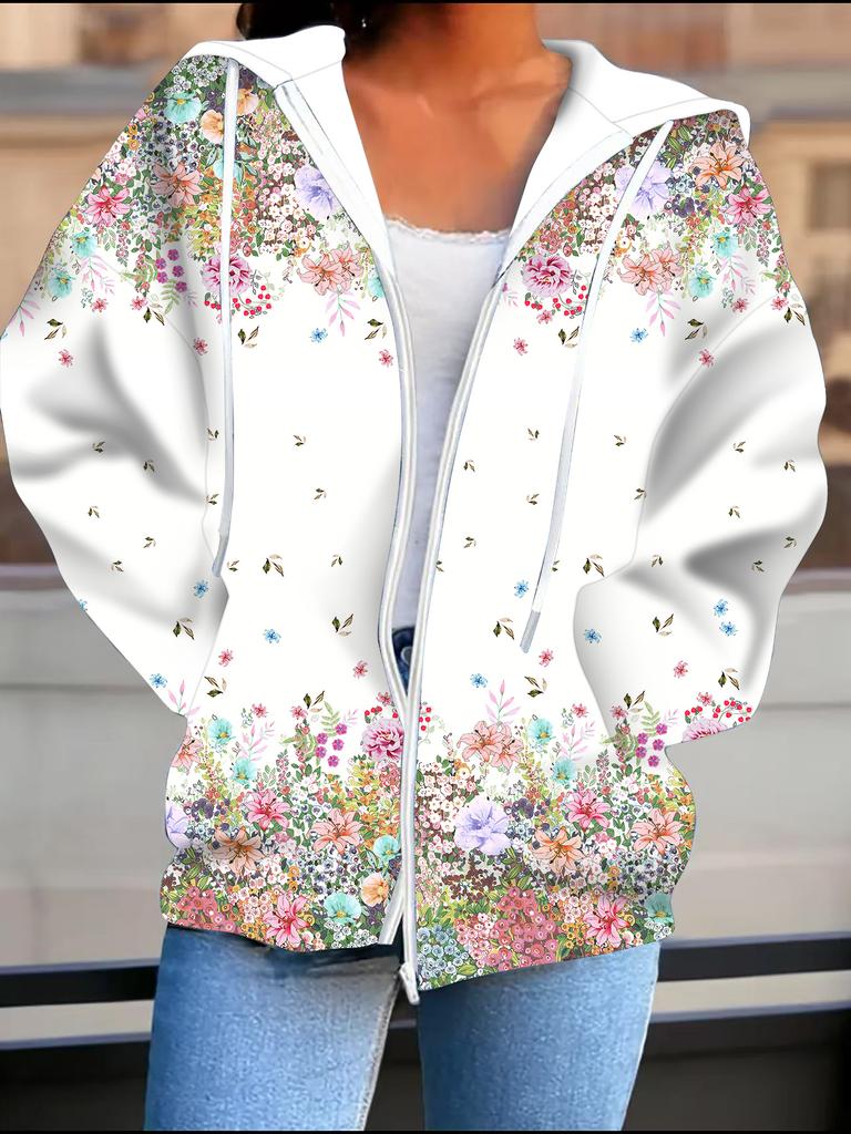 Flower 3D Printed Hooded Cardigan Plus Size Autumn Winter Retro
