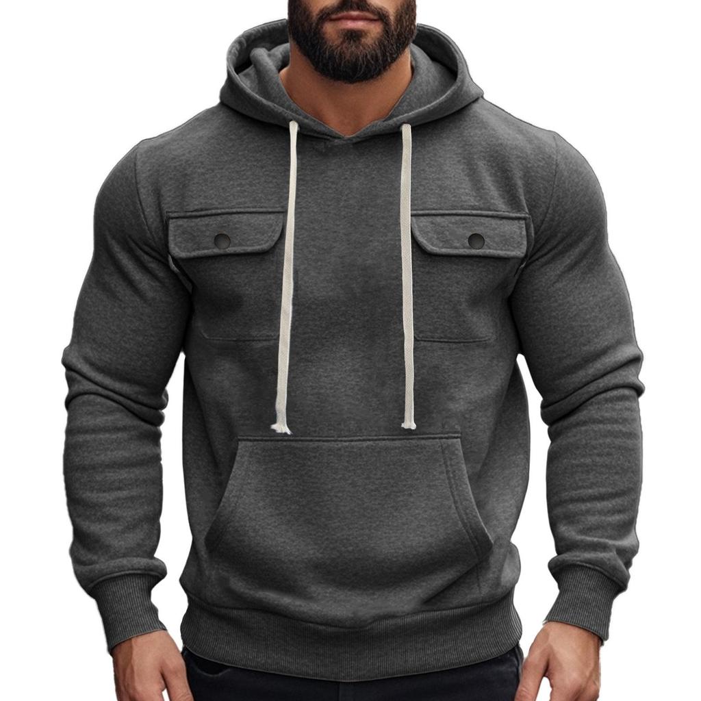 Men's American Style Heavyweight Plus Velvet Hooded Outdoor Workwear Sweatshirt - Multi-Pocket, Long Sleeve, Autumn/Winter Warmth