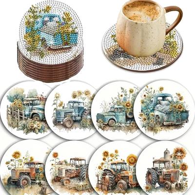 8 Pieces/set of Diamond Painted Truck and Sunflower Pattern Coaster Set with Holder DIY Coaster for Beginners and Adults, Art and Craft Supplies Gift