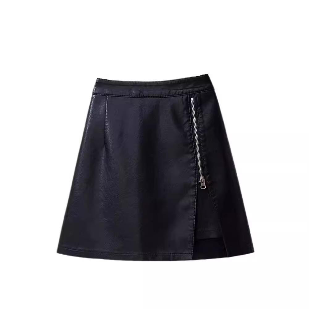 2025 Autumn/Winter High Waist PU Leather Midi Skirt: Hip-Hugging, Slimming, with Zipper - A-Line Design