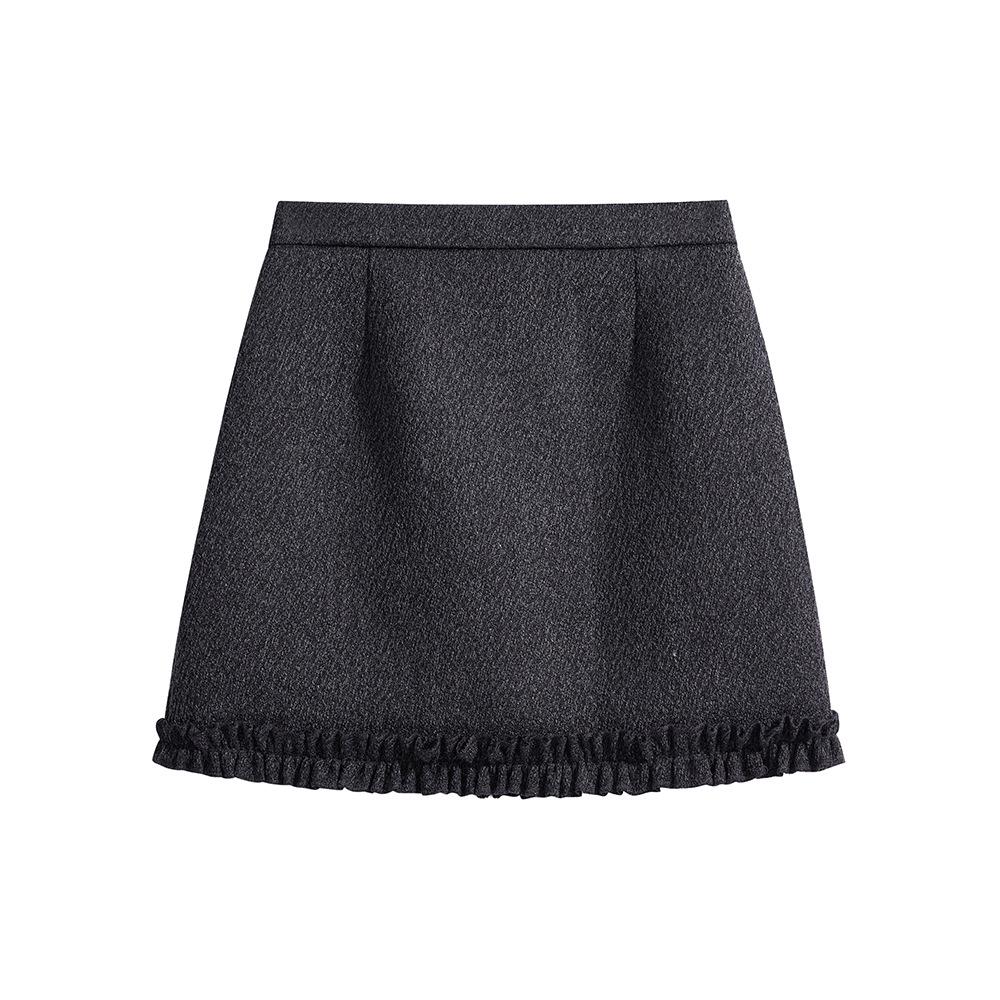 Women's Plus Size Grey Wool Ruffle Trim Half Skirt, Thick A-line Mini Skirt Pants for Spring/Autumn