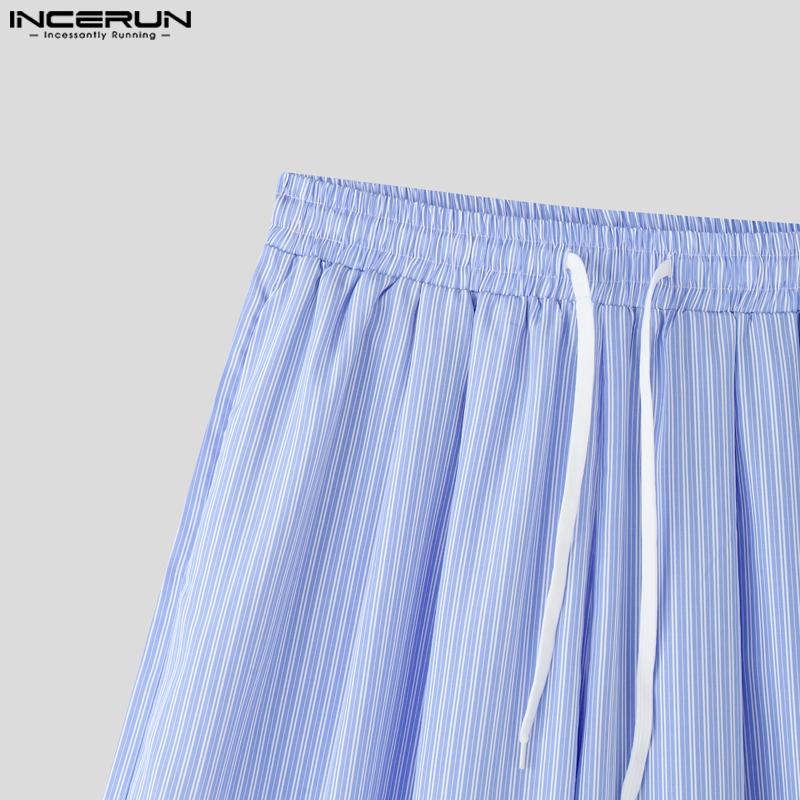 INCERUN Two Piece Suit Men Striped Short Sleeve Shirts Shorts Casual Outfits Sets