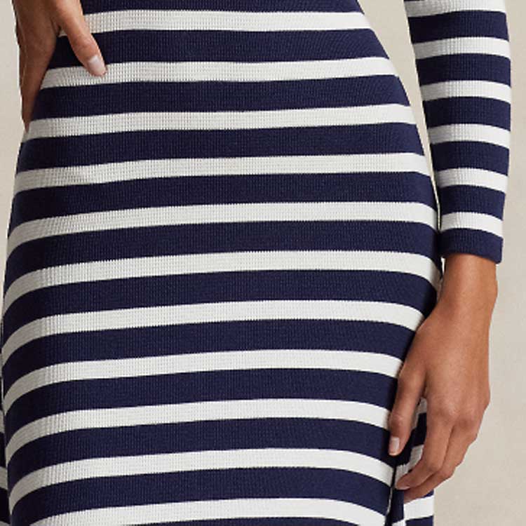 Polo Ralph Lauren SS24 Pruhované vaflové pletené šaty s dlouhým rukávem slim fit Dámské šaty Tmavě modrá WMPODRSNFA20618-410
