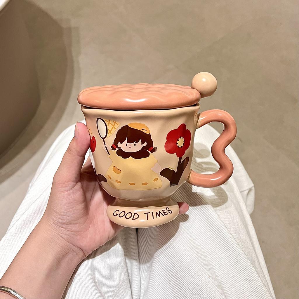 High-value Mug Ceramic Cup with Lid and Spoon Cute Drinking Cup Girls Office Coffee Breakfast Cup