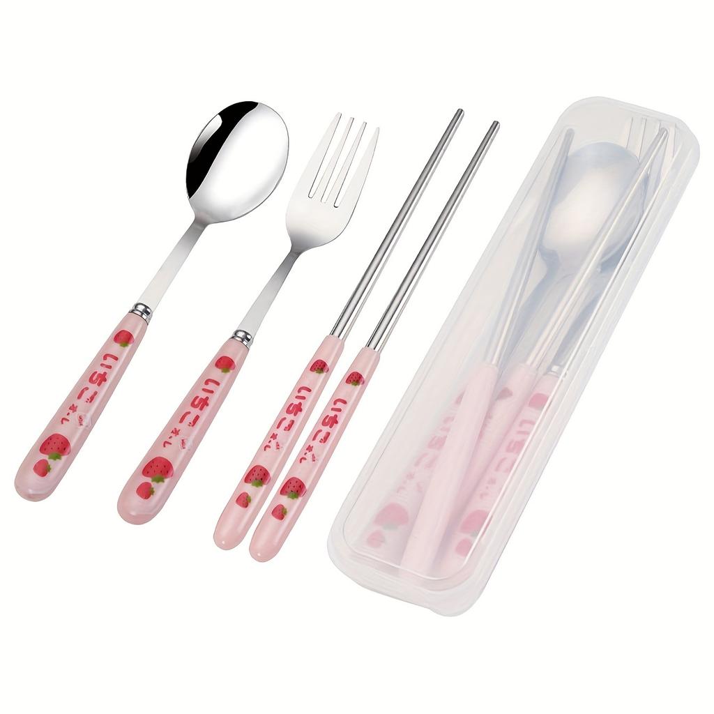 1Set -Steel Knifes Fork Spoon Set Family Travel Camping Cutlery Eyeful Dinnerware Set with Case(Spoon+Forks+Chopstick+Case))