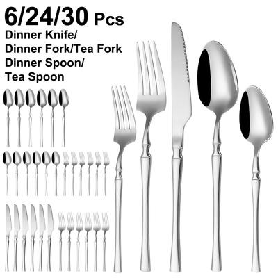 6/24/30 Pièces Couverts Fins Acier Inoxydable Argent Vaisselle Set de Dîner Occidental Couleur Unie Couteau Fourchette Cuillère Miroir Ustensiles de Cuisine