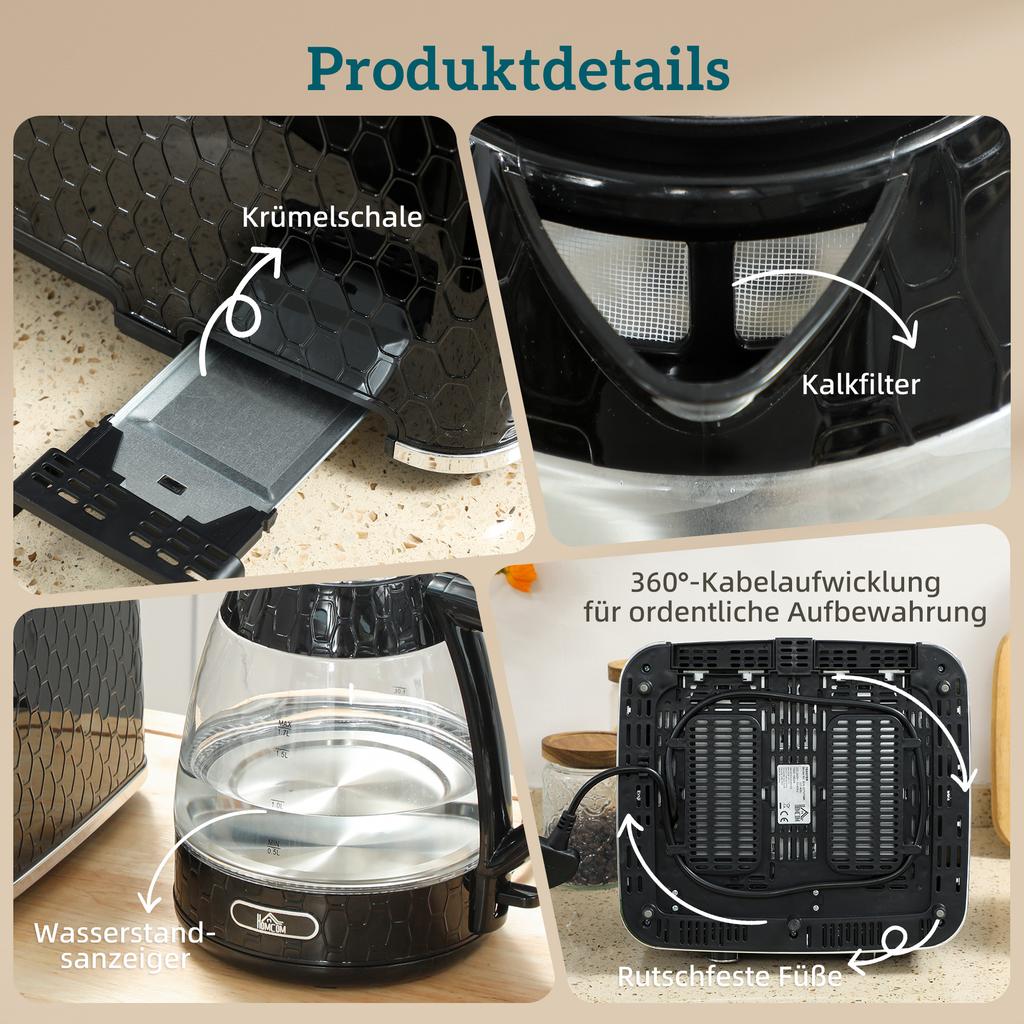 1.7L 2200W Rapid-Boil Kettle and 4-Slice Toaster Set with Limescale Filter, Black