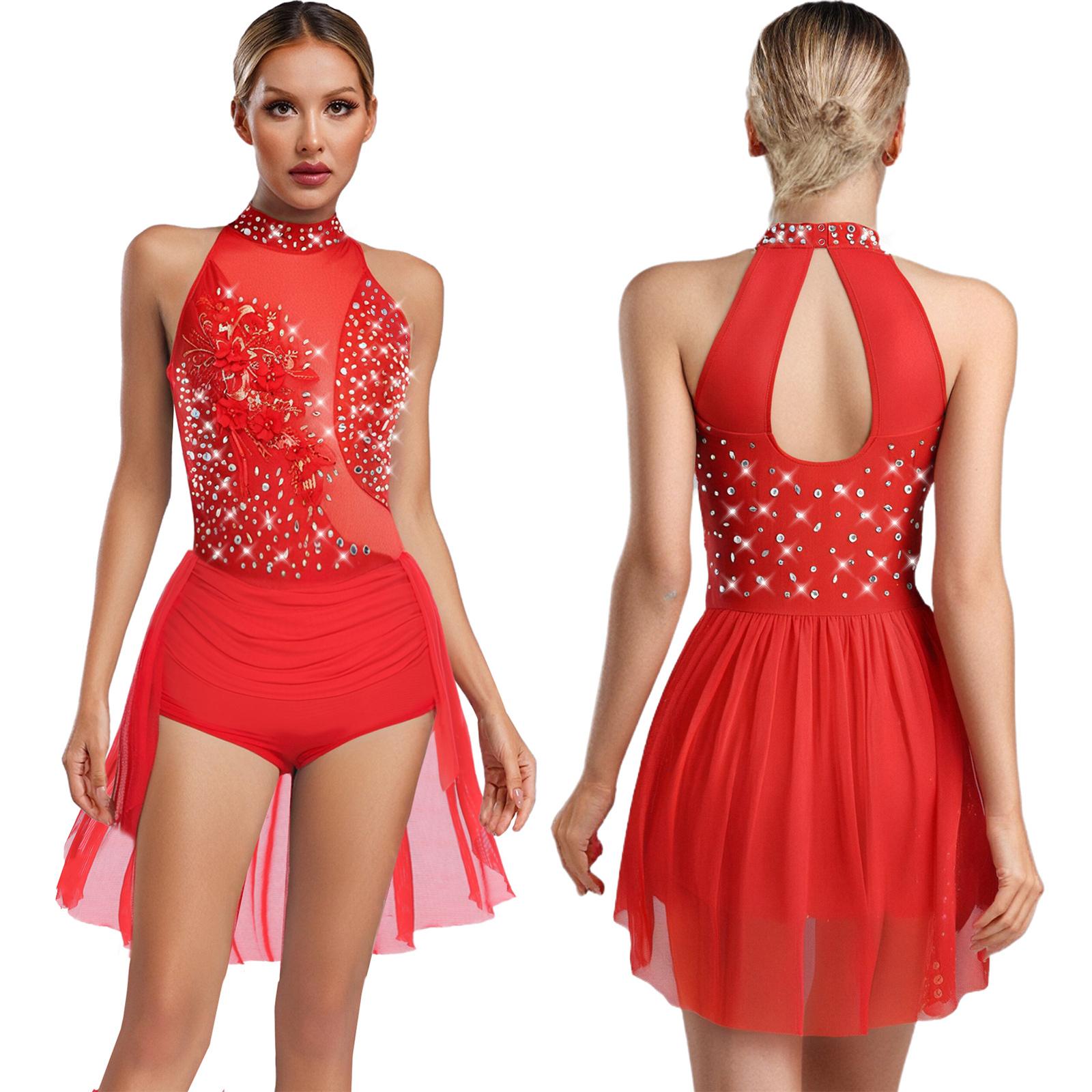 

Women s Latin Chacha Dance Bodysuit S-XXL: Glittery Rhinestone Applique Sleeveless Back Hollow Out Irregular Skirted One Piece Leotard for Gymnastics S красный