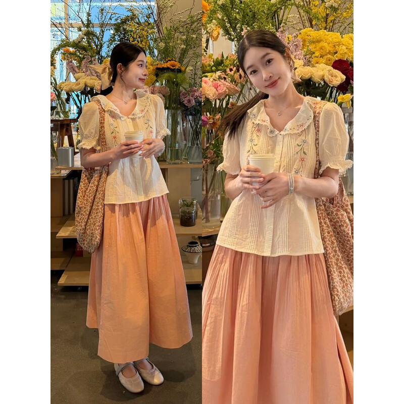 INMAN Women's French Doll Collar Embroidered Puff Sleeve Blouse