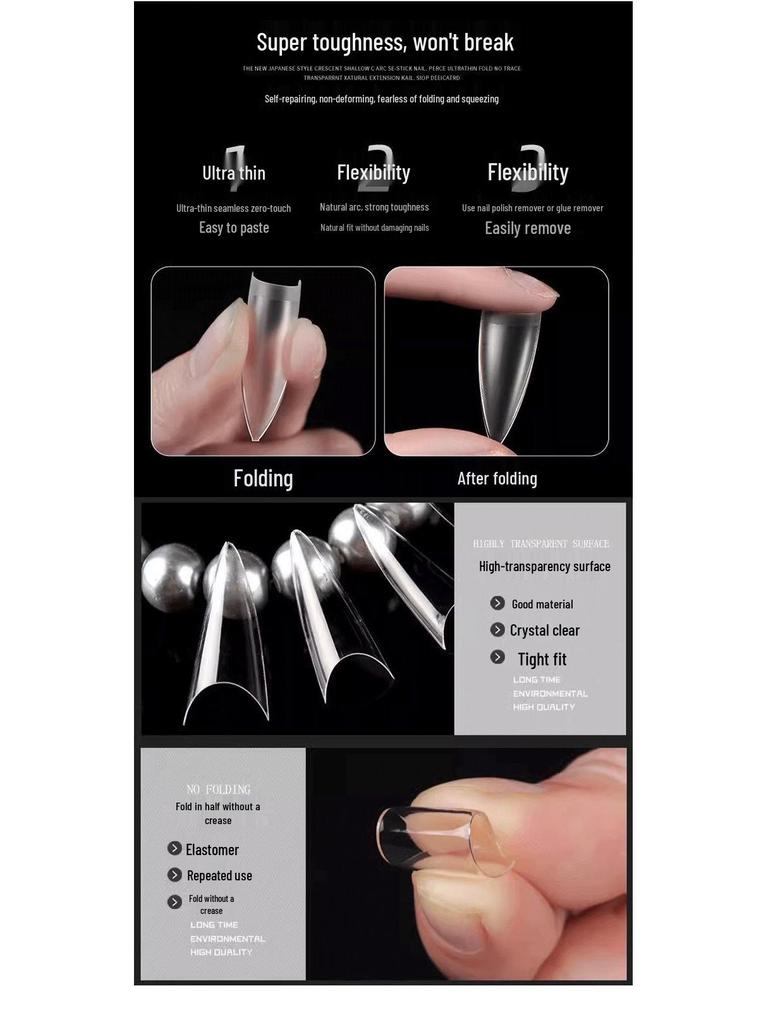 Crescent Curve Ultra Thin Shallow Half Cover Nail Tips - Transparent Frosted Milky White Extension for Salon Nail Art.