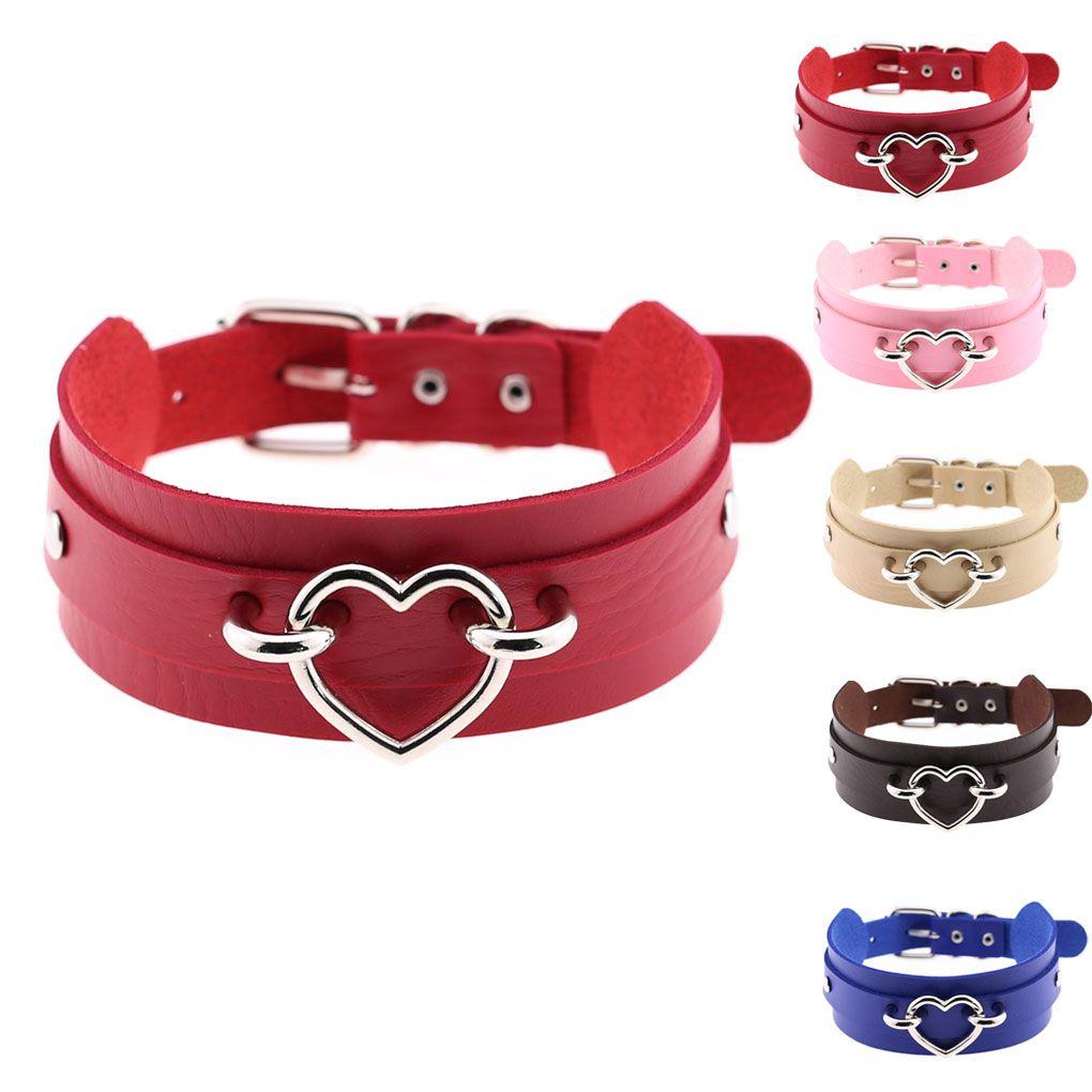 PU Imitation Leather Gothic Punk Choker Short Necklace Hollow Heart Shape Connector Choker