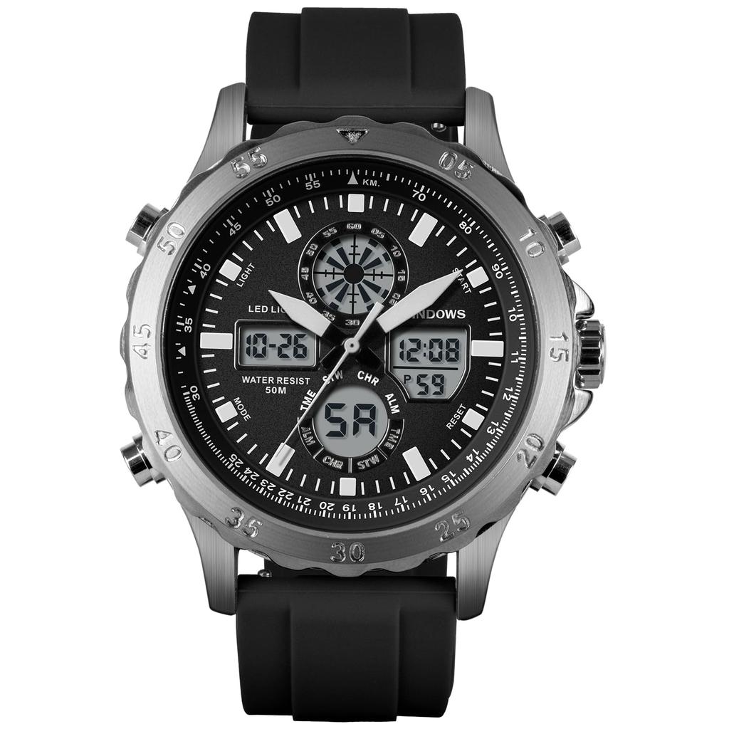 PINDOWS Tactical Analog-Digital Sport Watch, Silicone Band Multifunctional Model PDS-643, Silver/Black, Men's