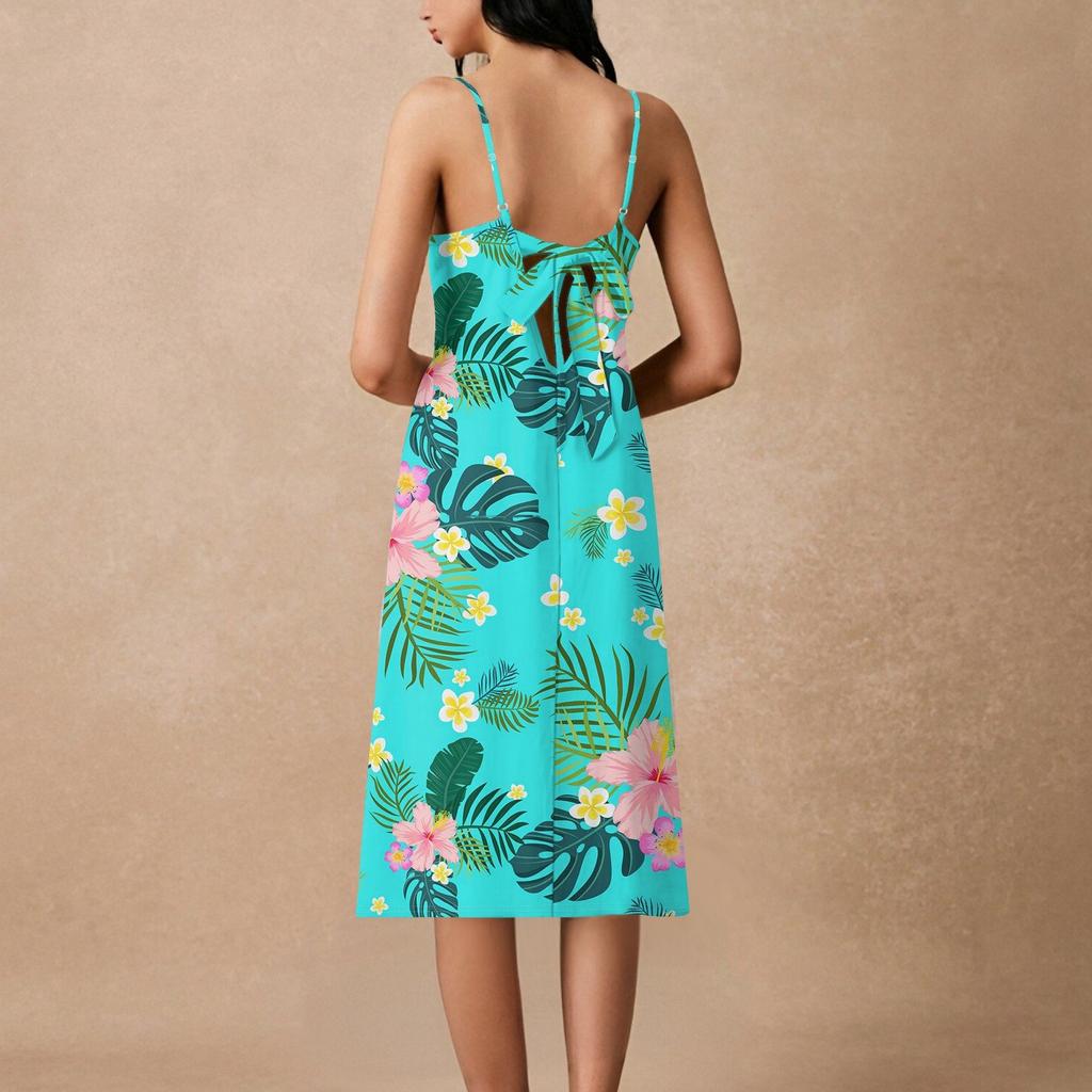 Dámské špagetové šaty bez zad s mašlí, volné, ležérní, plážové, prázdninové, letní šaty