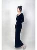 Elegant German Velvet V-Neck A-Line Flared Sleeve Evening Dress - Warm, Fashionable, Versatile Style.