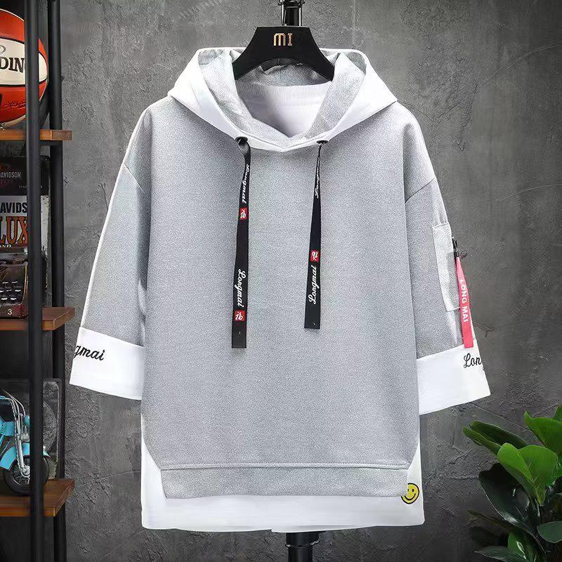Trendy Hong Kong-Style Hooded Two-Piece Sweatshirt: Youth Loose-Fit 3/4 Sleeve Summer Top