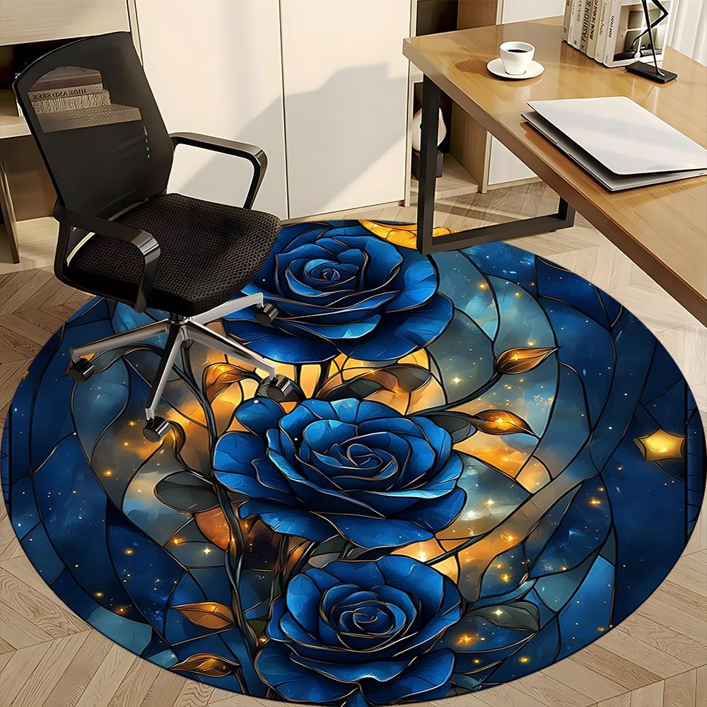 1pc Blue Roses Stained Glass Office Round Area Rug, Indoor Mat Suitable ForOffice, Under Office Chairs Bedroom Living Room Home Decor, Room Deco,  N63