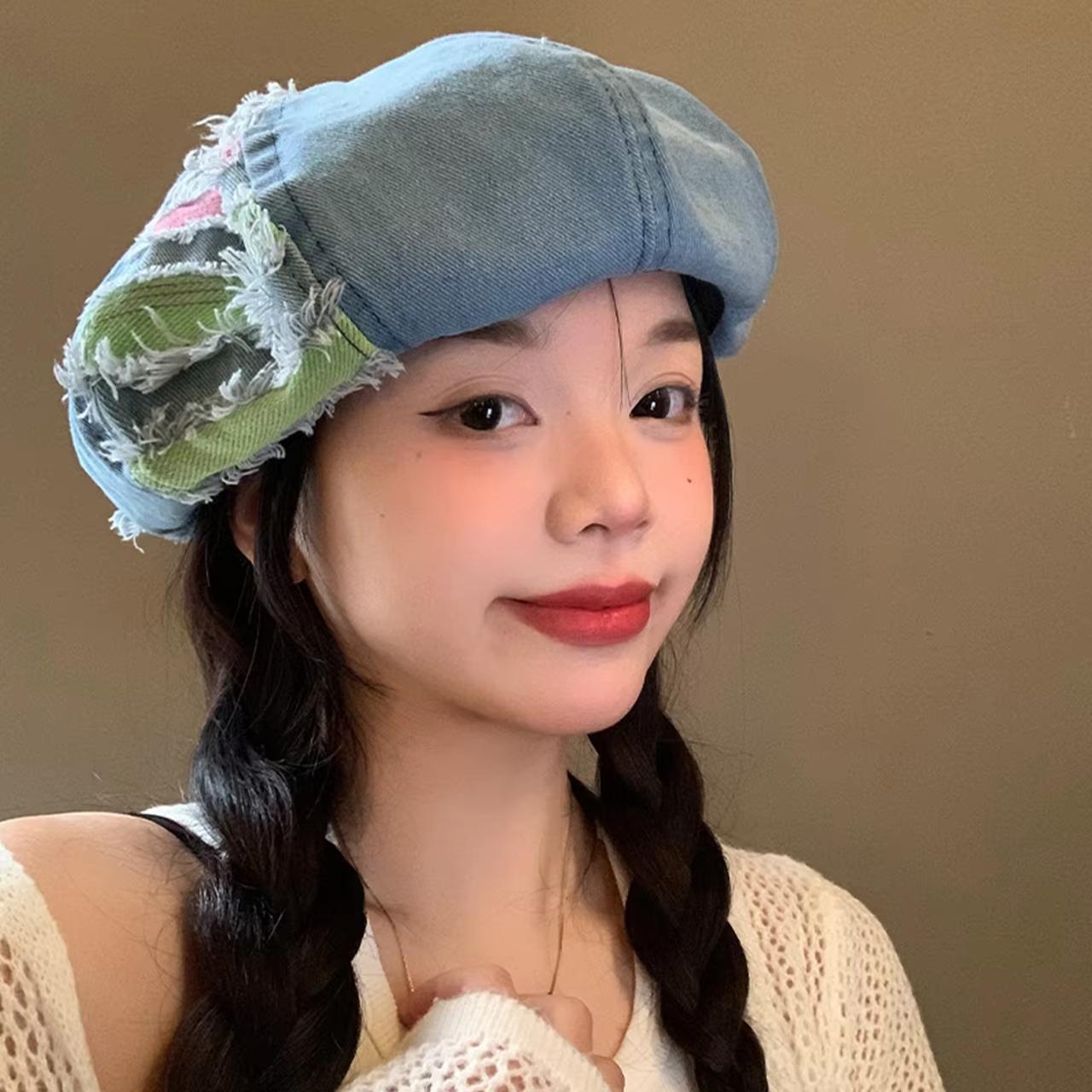 

Корейский джинсовый берет для женщин, разноцветные полосатые наклейки, восьмиугольная ковбойская кепка, Y2K, для девушек, художника, живописца, кепка газетчика, солнцезащитная кепка синий