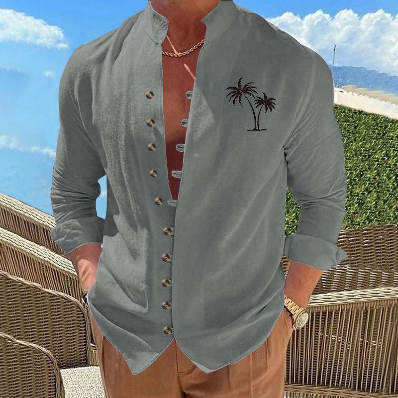 Coconut Tree Casual Printed Vintage Stand Collar Long-Sleeved Button-Down Men's Shirt