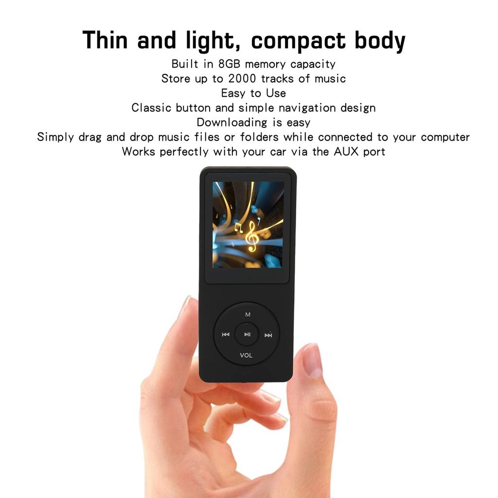 MP3-Player, 8 GB Tragbarer MP3/MP4-Player mit FM-Radio, Diktiergerät, E-Book, HiFi Lossless Sound, 30 Stunden Wiedergabezeit (Schwarz)