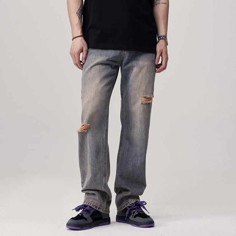 Jeans men's washed old ripped non-elastic floor-mopping pants straight loose trousers retro nostalgic high street jeans