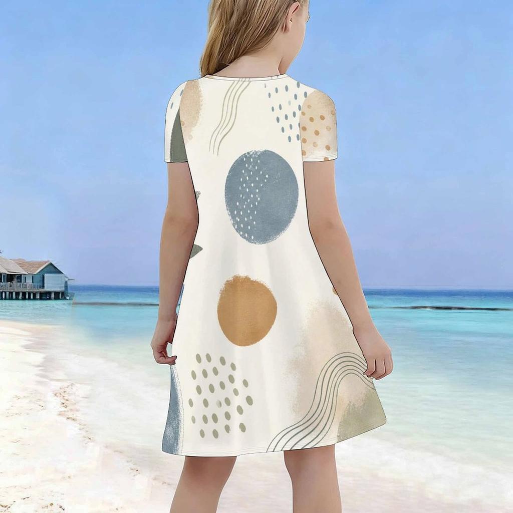 Girls Round Neck Short Sleeve Abstract Floral Printed A Line Flared Dress