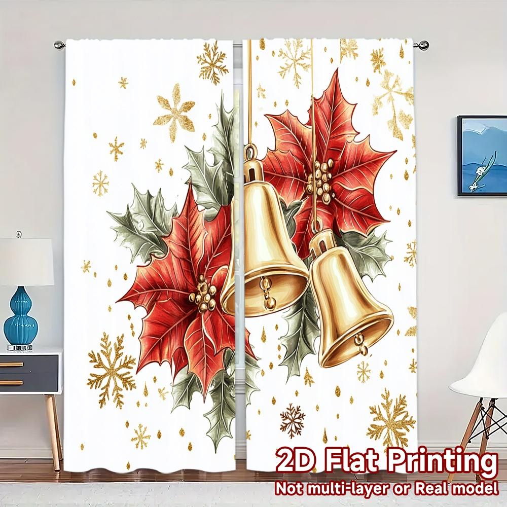 

Curtains Christmas Bells Holly Poinsettia Snowflakes Fashionable Polyester Holiday Perfect Curtain Set Of 2 Modern Made Washable W100*H70(CM)-Hooks&1PCS
