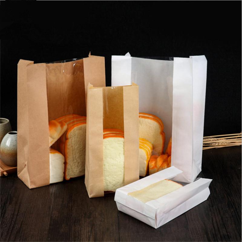100Pcs 450g Bread Oil-Proof Food Paper Bag Window Transparent Toast Baking Packing Bags Brown White Solid Color