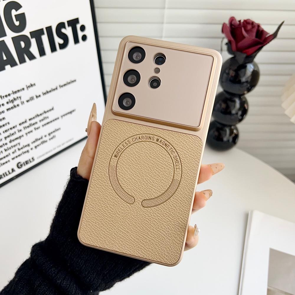 Luxury Premium Leather for Magsafe Cases For Samsung Galaxy S26 Ultra S25 Edge S24 FE Plus Large Camera Window Shockproof Cover