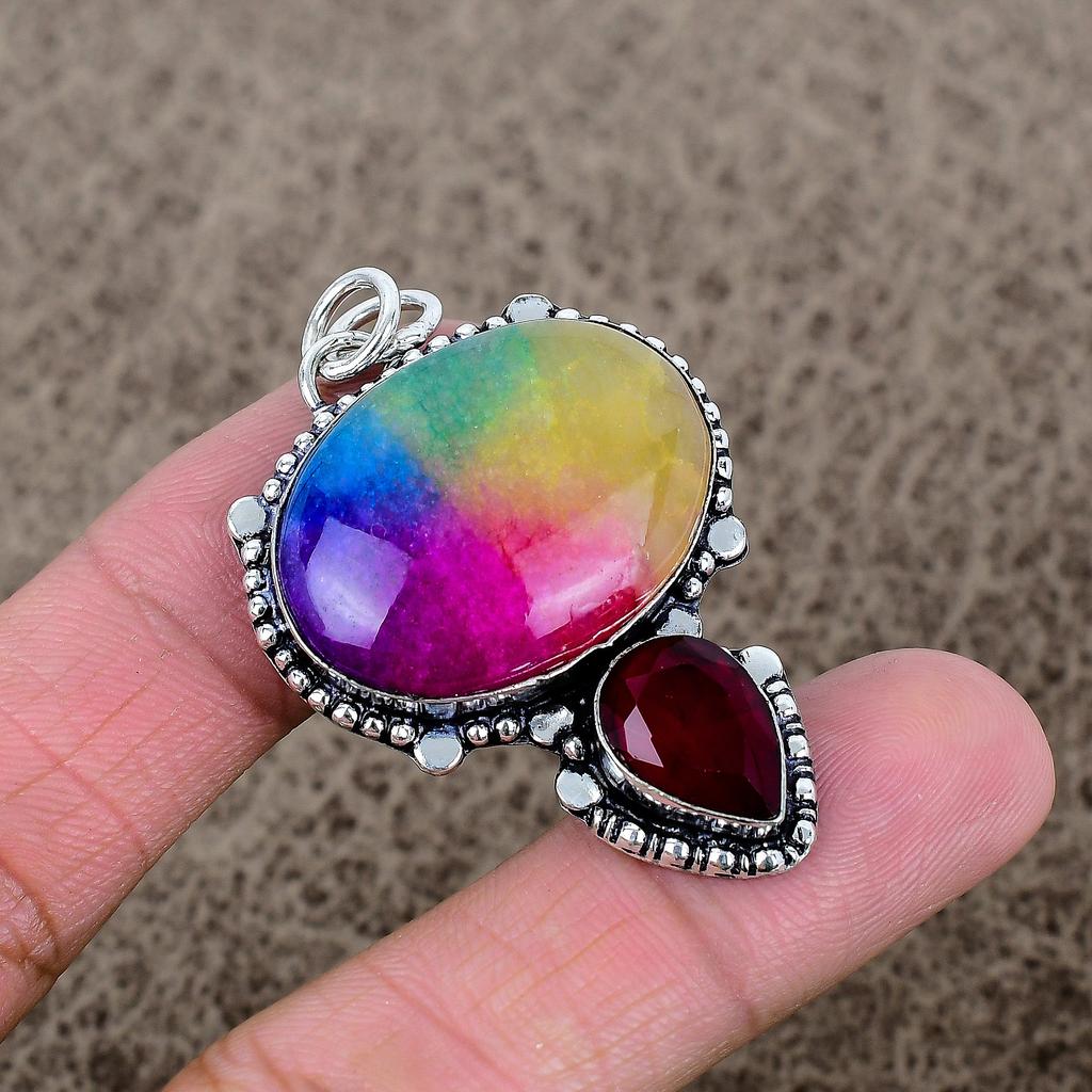 Solar Quartz, Garnet Gemstone 925 Sterling Silver Jewelry Pendant 2.09" KKG-337