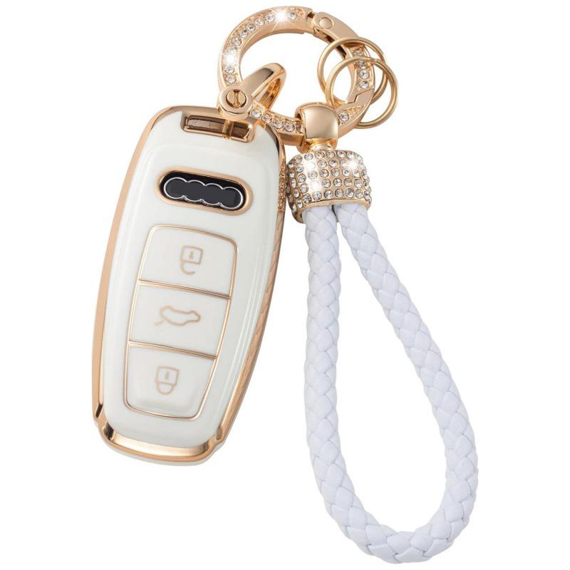 Gold-Rimmed Car Key Set with Diamond Ring Pendant Key Chain