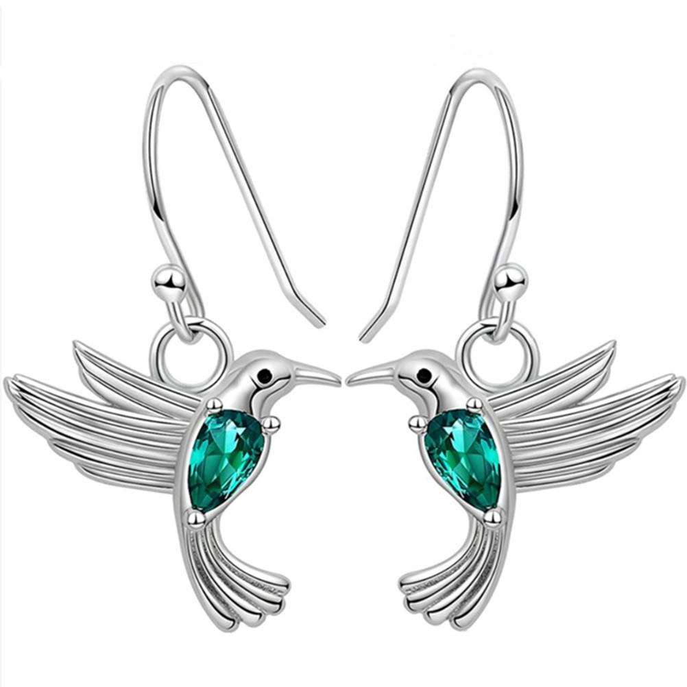 Fashion Flying Hummingbird Earrings with Green Crystal Silver Earrings Zircon Bird Earrings Jewelry Gift for Girls Women