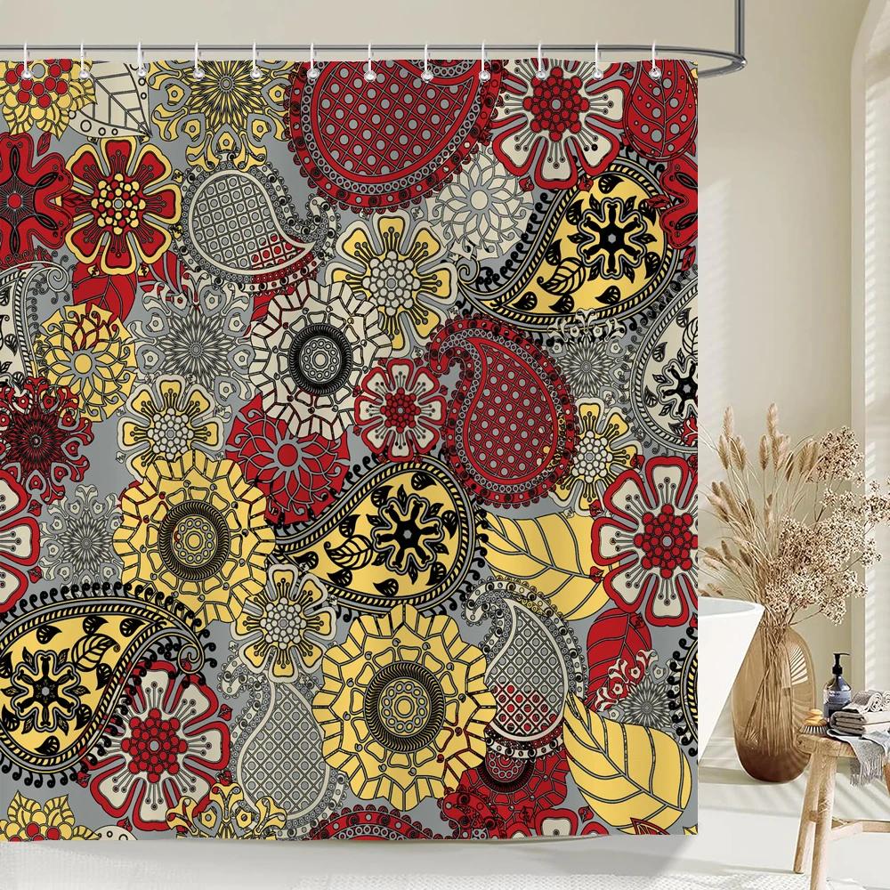 Indian  Bohemian Fabric Shower Curtain Bathroom Curtains Boho Mandala Waterproof Fabric Bath Screen Bathtub Decor with 12 Hooks