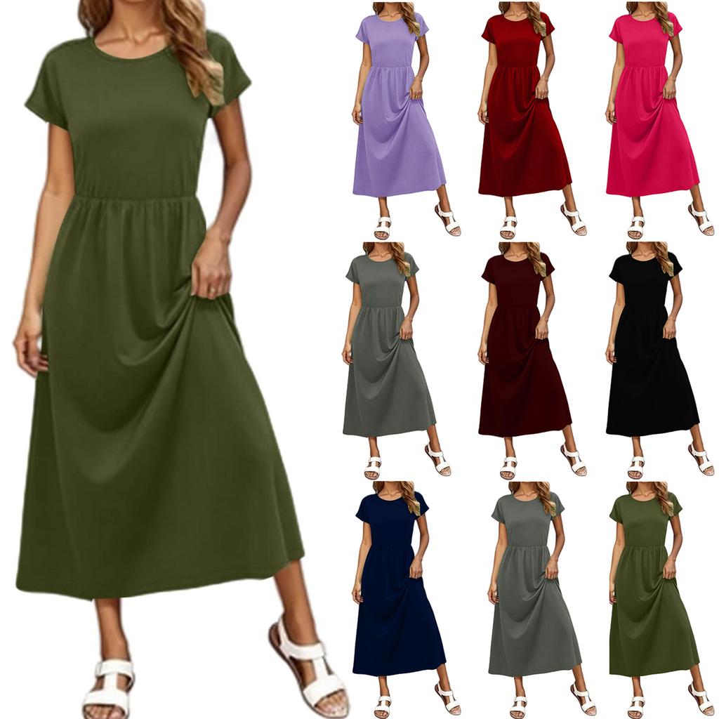 Women's Fashion Casual Short Sleeve Round Neck Elastic Waist Draped Pocket Dress