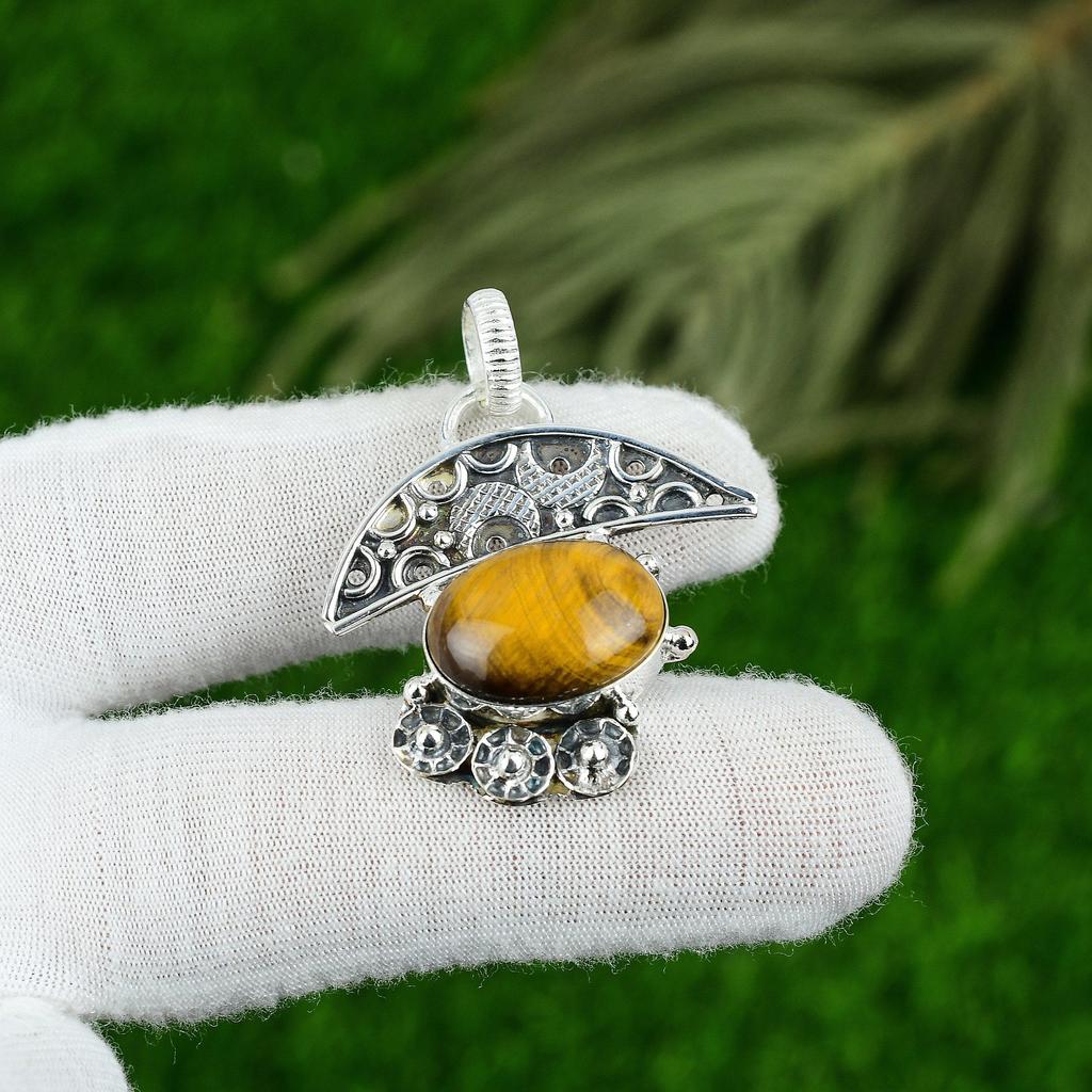 Natural Tiger Eye Gemstone Pendant 925 Sterling Silver Indian Jewelry For Women